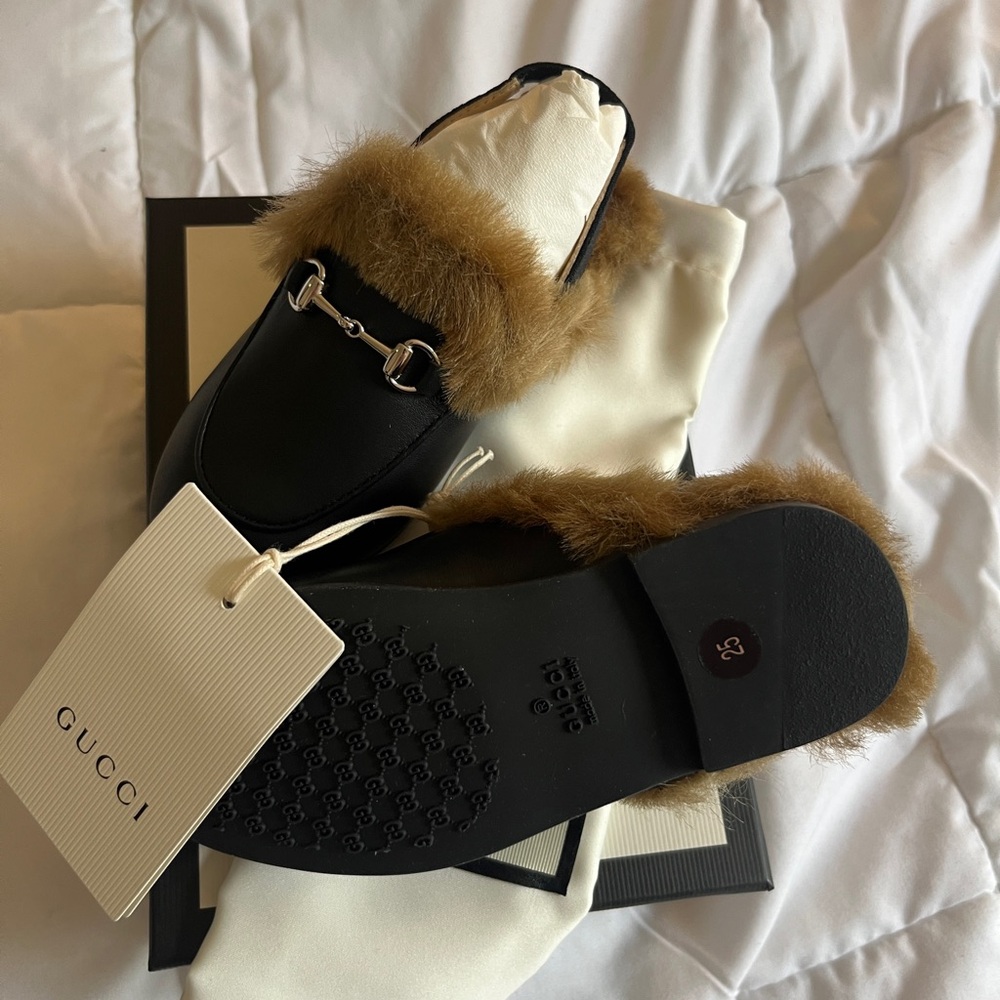 Kids Gucci Black and Brown Fur-Trimmed Loafers